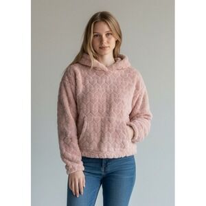 No Boundaries Plush Hoodie Embossed Plush Crop Pink Heart Size M (8-10)